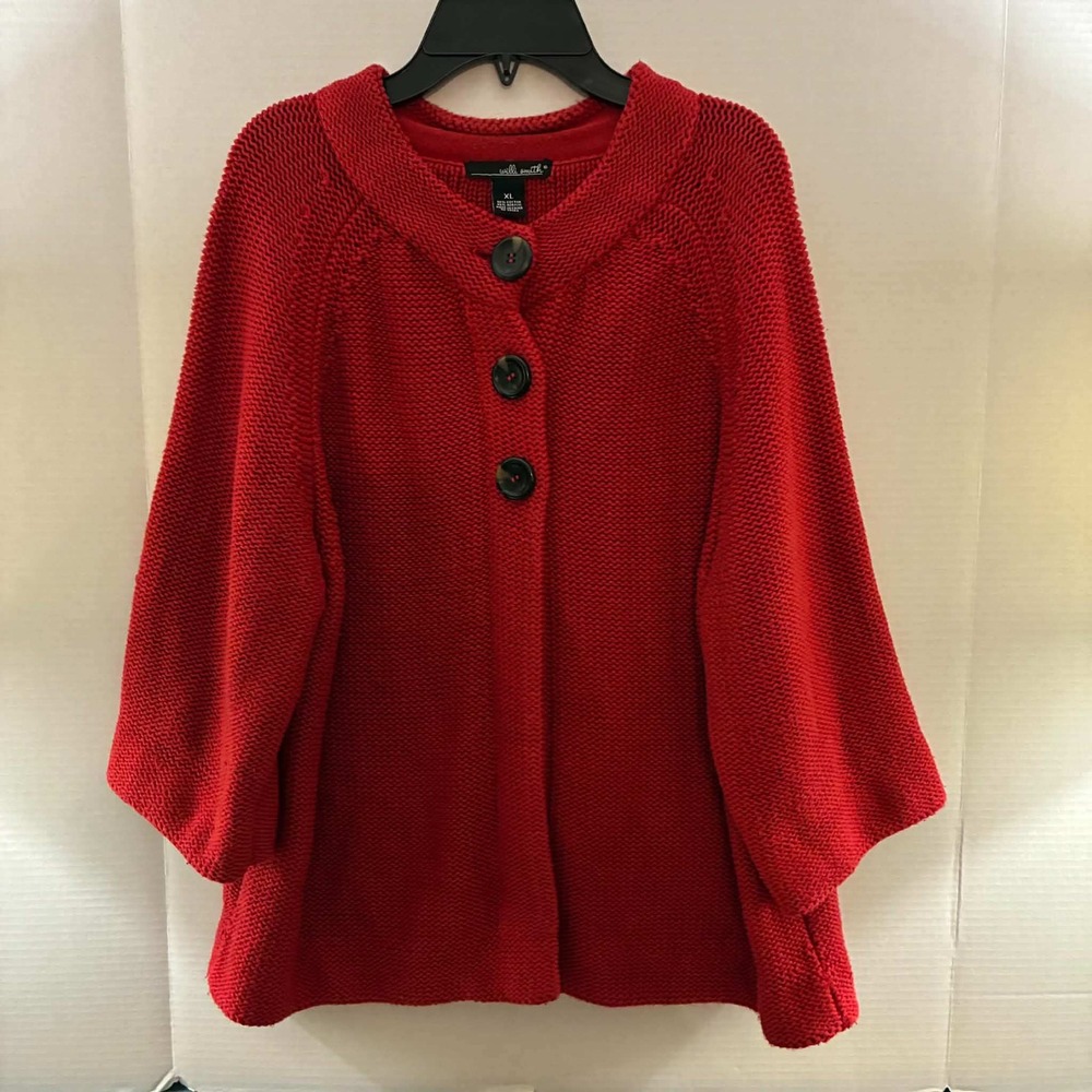 Willi Smith Cardigan Womens XL Red Chunky Knit Bell Sleeve Button Up Sweater